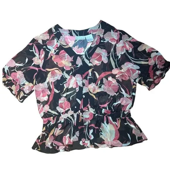 Worthington sz12 women’s sheer floral blouse ruffle sleeves fit flare waistline - Picture 5 of 9